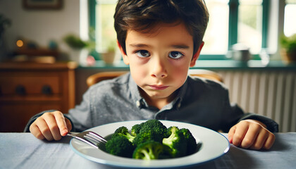 Child refusing to eat vegetables, boy disliking Broccoli.If your child doesn't like a particular vegetable, try offering small amounts of the vegetable with another healthy food that your child likes - obrazy, fototapety, plakaty