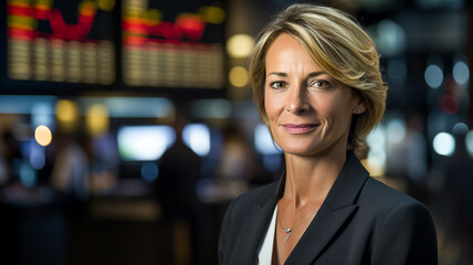 Concentrated female mature in suit using modern technologies while working in trading at forex market. Office is full of displays showing infographics and numbers.

