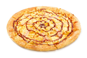 Top view on italian pizza with bacon and pickled cucumbers