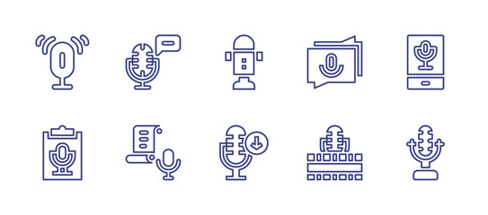 Podcast line icon set. Editable stroke. Vector illustration. Containing podcast, chat, microphone, cinematographic, download, script.