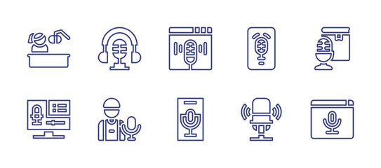 Podcast line icon set. Editable stroke. Vector illustration. Containing podcast, podcaster, mobile phone, website, microphone, record.