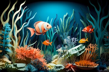 Fototapeta na wymiar A captivating paper-cut underwater scene, featuring schools of fish and coral reefs, all meticulously crafted with vibrant colored paper.