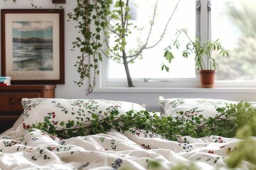 Serene bedroom with fresh greenery and a classic painting enhancing a peaceful atmosphere