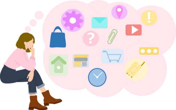 何を買うか悩んでいる女性のイラスト