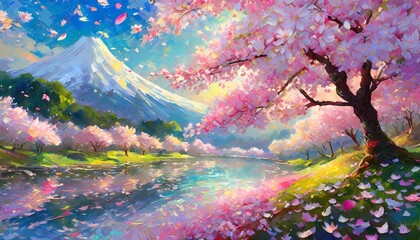 vibrant and picturesque landscapes with cherry blossoms in full bloom, framing a majestic mountain, likely inspired by Mount Fuji, and reflecting on tranquil waters. This scene is a celebration of nat