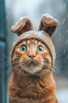 Cute domestic surprised and funny cat in a hat with rabbit ears.