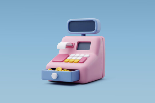 3d Vector Cash machine, Cash register with Gold coin, Financial services, Business and financial concept.