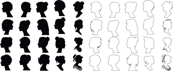 Cameo Silhouette collection, diverse hairstyles, head shapes. Black and white vector illustrations, male female profiles. Perfect for avatars, icons, design elements - obrazy, fototapety, plakaty