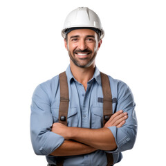 Help create a male engineer prompt. crossed arms and smiling on transparency background PNG