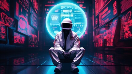 Obraz premium Neon Meditation: Zen Pose in a Cyberpunk Data World