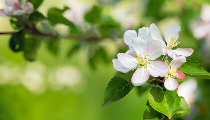 Fototapeta na wymiar Spring Apple tree flowers on green nature blurred green background. Blooming apple tree, macro. Beautiful Spring Nature soft background. Scenic Wallpaper or Web banner With Copy Space for text