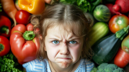 Fototapeta na wymiar I hate a vegetables! I'm not eating this! Toddler refusing food. Little girl not wanting to eat broccoli. Cute caucasian brunette toddler girl staying at angry grimace, near vegetables.