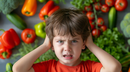 Fototapeta na wymiar I hate a vegetables! I'm not eating this! Toddler refusing food. Little boy not wanting to eat broccoli. Cute caucasian brunette toddler boy staying at angry grimace, near vegetables.