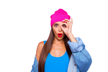 I'm spy! Follow you! Close up photo portrait of funky pretty with opened mouth lady making ok symbol with fingers near eye staring at you camera isolated bright background