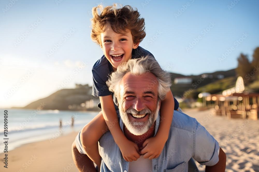 Wall mural grandfather and grandson piggyback on a sea beach