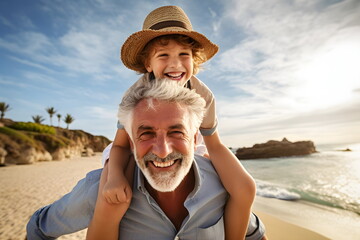grandfather and grandson piggyback on a sea beach