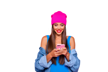 I want like on instagram! Crazy subscriber addicted people person concept. Close up photo portrait of attractive funny cheerful toothy lady using holding cellular in hand isolated bright background