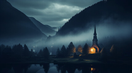 Church in the night fog in the European mountains.