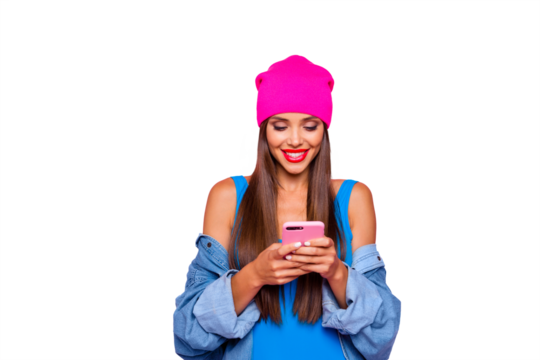 I want like on instagram! Crazy subscriber addicted people person concept. Close up photo portrait of attractive funny cheerful toothy lady using holding cellular in hand isolated bright background