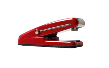 Red Stapler. A close up photograph of a red stapler placed on a clean Transparent background.