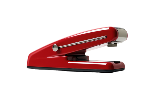 Red Stapler. A close up photograph of a red stapler placed on a clean Transparent background.