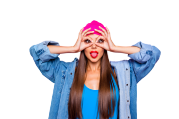 I want to be childish today! April fool's day! Emotion facial expressing concept. Close up photo portrait of playful beautiful pretty lady making eyeglasses with fingers isolated bright background
