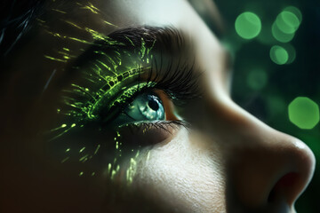 a woman eye closeup with green holography lights particles on her face, dark background, digital future concept - 735909852
