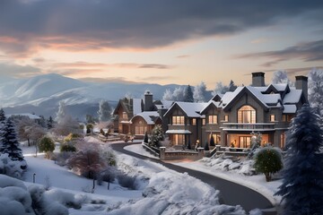 A large model home nestled in snowy hills, a celebration of HavenCore's joyous design, nature's embrace, and jump cuts capturing life's vibrant moments.