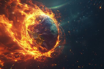 Conceptual image of Earth with fiery effects, representing global warming or environmental disaster.