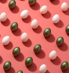  Minimal composition pattern background of Easter eggs on pastel red with shadows. Easter concept.