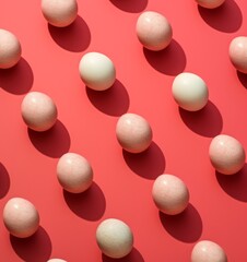 Minimal composition pattern background of Easter eggs on pastel red with shadows. Easter concept.