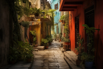 Narrow street in tropical old city