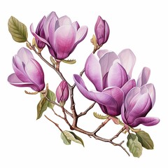 a watercolor painting of a purple magnolia flowers with branches and green leaves on white background