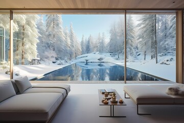 Windows framing snowy panoramas, a large model home as a canvas for nature's celebration, jump cuts capturing the ever-changing beauty outside.