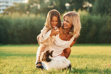 Conception of love and care. Mother with her daughter and cute dog are on the field outdoors