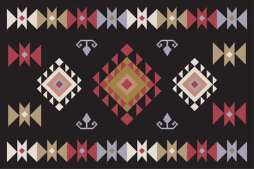 Ethnic fabric pattern designed with geometric patterns. Black, cream, red, green, for textiles and clothing, covers, rugs, vector illustration.