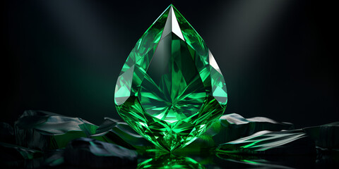 A green diamond shaped object with green crystals on it. Dazzling diamond green gemstones on black background, 

