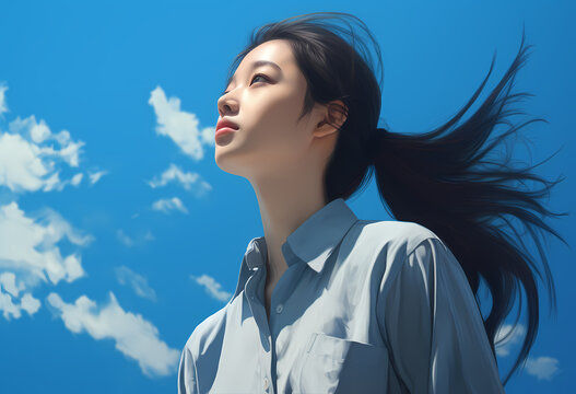 Illustration of a Asian Chinese white collar woman looking up at the blue sky with low angle camera