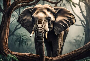 An isolated adult elephant in the dark jungle, wild animals life