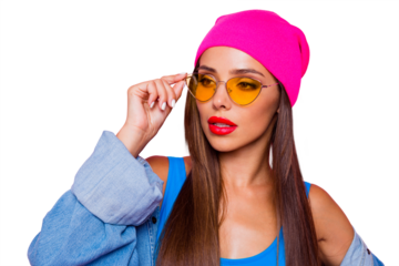 What`s on her mind?! Close up portrait of young brunette model looking away, wearing casual outfit isolated on pink vivid background