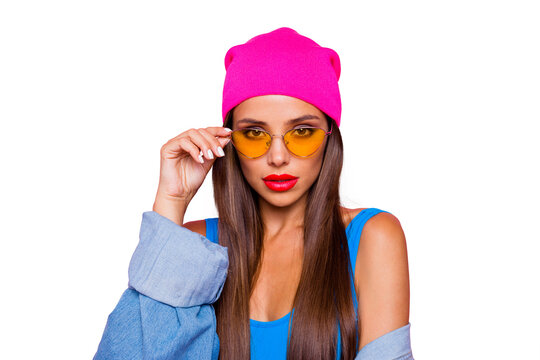 Close up photo portrait of classy fancy attractive pretty confident bright with long straight shinny hair lady looking at you camera touching yellow transparent glasses isolated pastel background