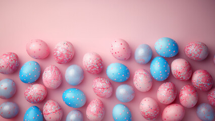 Fototapeta na wymiar Pink and blue colored eggs for Easter celebration on pink background with copy space