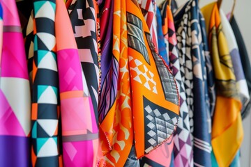 a collection of vibrant scarves with geometric prints on a hanger