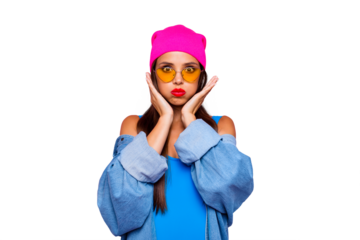 Close up portrait of  funny, foolish and young girl puffed her cheeks and hold them with her hands isolated on vivid pink background