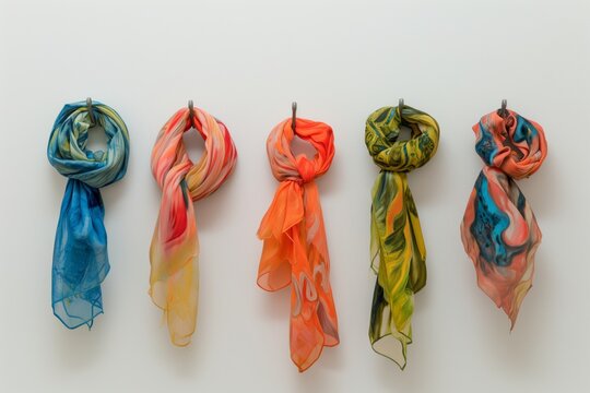 set of handpainted scarves showcased on individual wall hooks