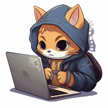 A cute cat wearing casual hoody and big frame glasses using computer