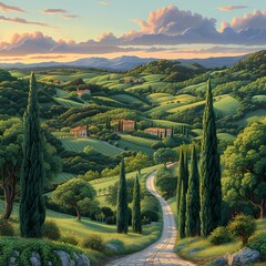 Idyllic Tuscan Countryside Scenery with Rolling Hills and Cypress Trees