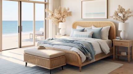 natural coastal interior bedroom beautiful example of modern coastal style including a soft natural color palette, natural elements cane bed blue and white patterned rug and white nights house design