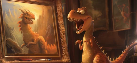 Tuinposter A dinosaur looks at a picture with a dragon, Generative AI © SergIO
