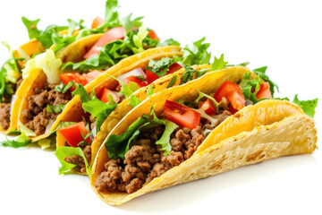 Three Tacos Filled With Meat, Lettuce, and Tomatoes